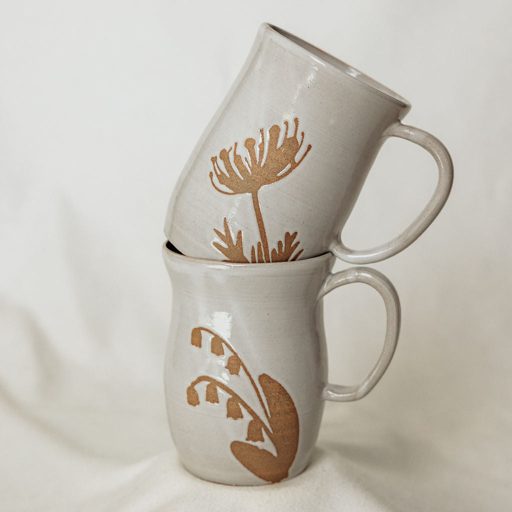 Handmade White Floral Pottery Mug (16 oz) - Made in Canada  - Wheel Thrown Stoneware Mug