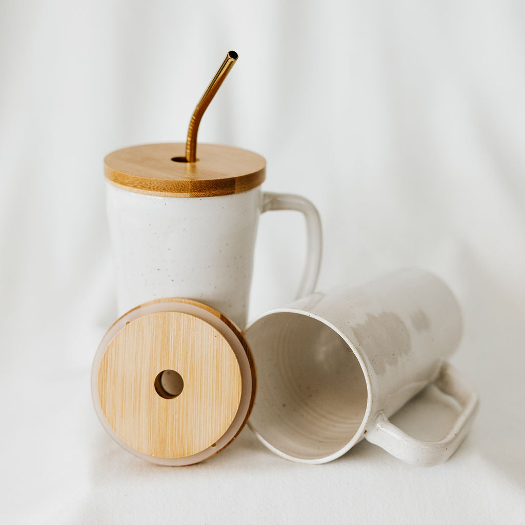 Lidded Pottery Mug in the Basic White Styles (Mug Only, Lid and Straw not Included)