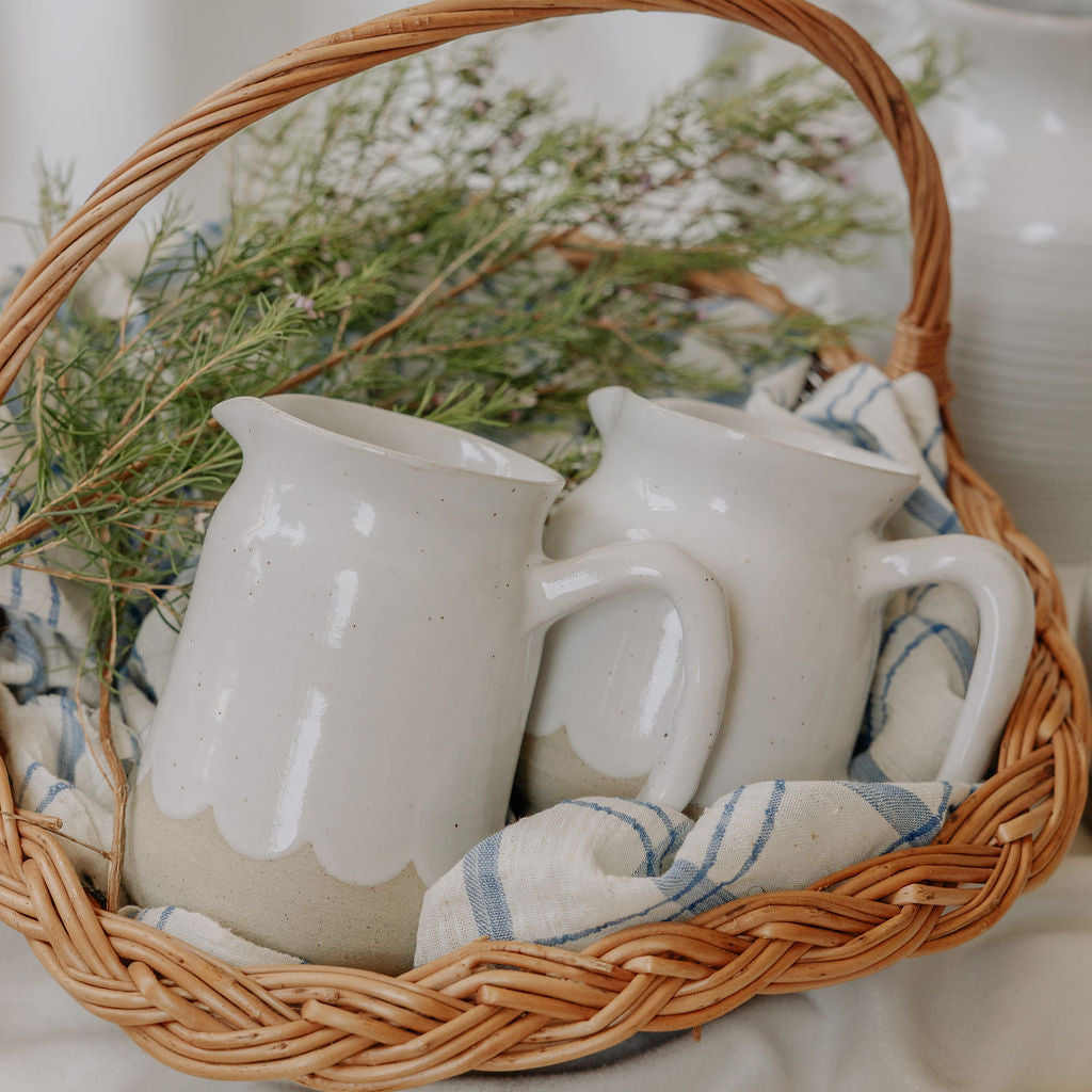Medium Size Handmade Pottery Pitchers for Cream or Syrup in Glossy White with Scallops