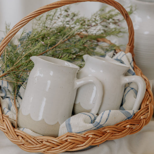 Medium Size Handmade Pottery Pitchers for Cream or Syrup in Glossy White with Scallops