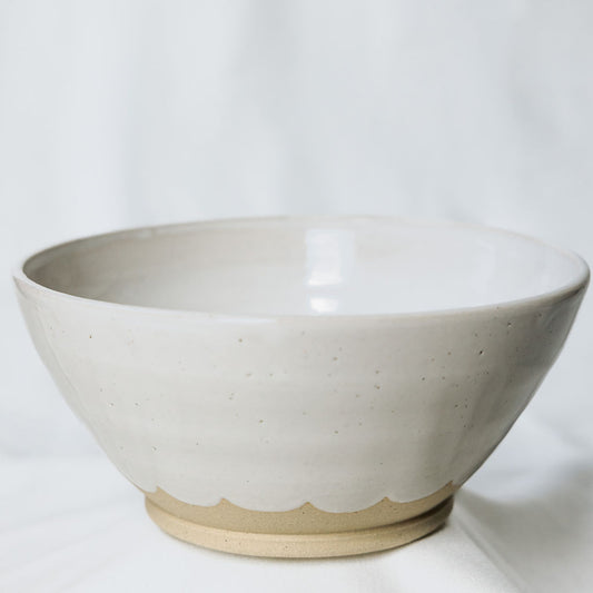 Handmade White Glossy Pottery Serving Bowl with Scalloped Detail | Large Ceramic Serving Bowl | Minimalist Farmhouse Pottery from Canada