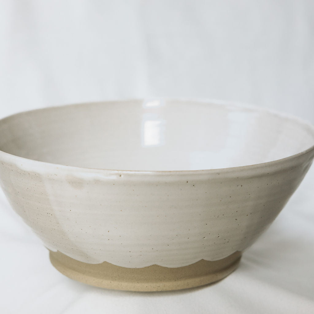 Handmade White Glossy Pottery Serving Bowl with Scalloped Detail | Large Ceramic Serving Bowl | Minimalist Farmhouse Pottery from Canada