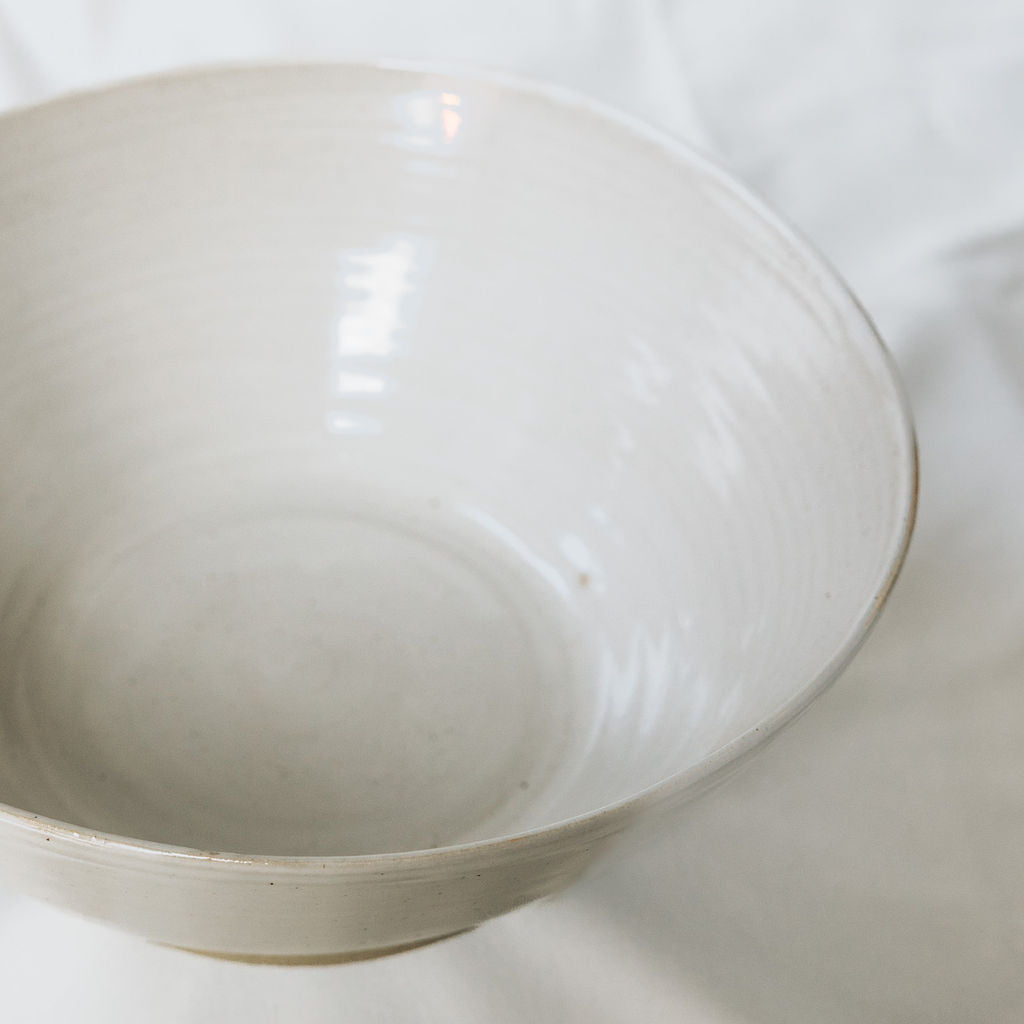 Handmade White Glossy Pottery Serving Bowl with Scalloped Detail | Large Ceramic Serving Bowl | Minimalist Farmhouse Pottery from Canada