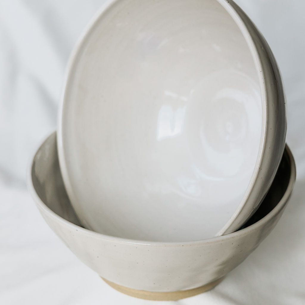 Handmade White Glossy Pottery Serving Bowl with Scalloped Detail | Large Ceramic Serving Bowl | Minimalist Farmhouse Pottery from Canada