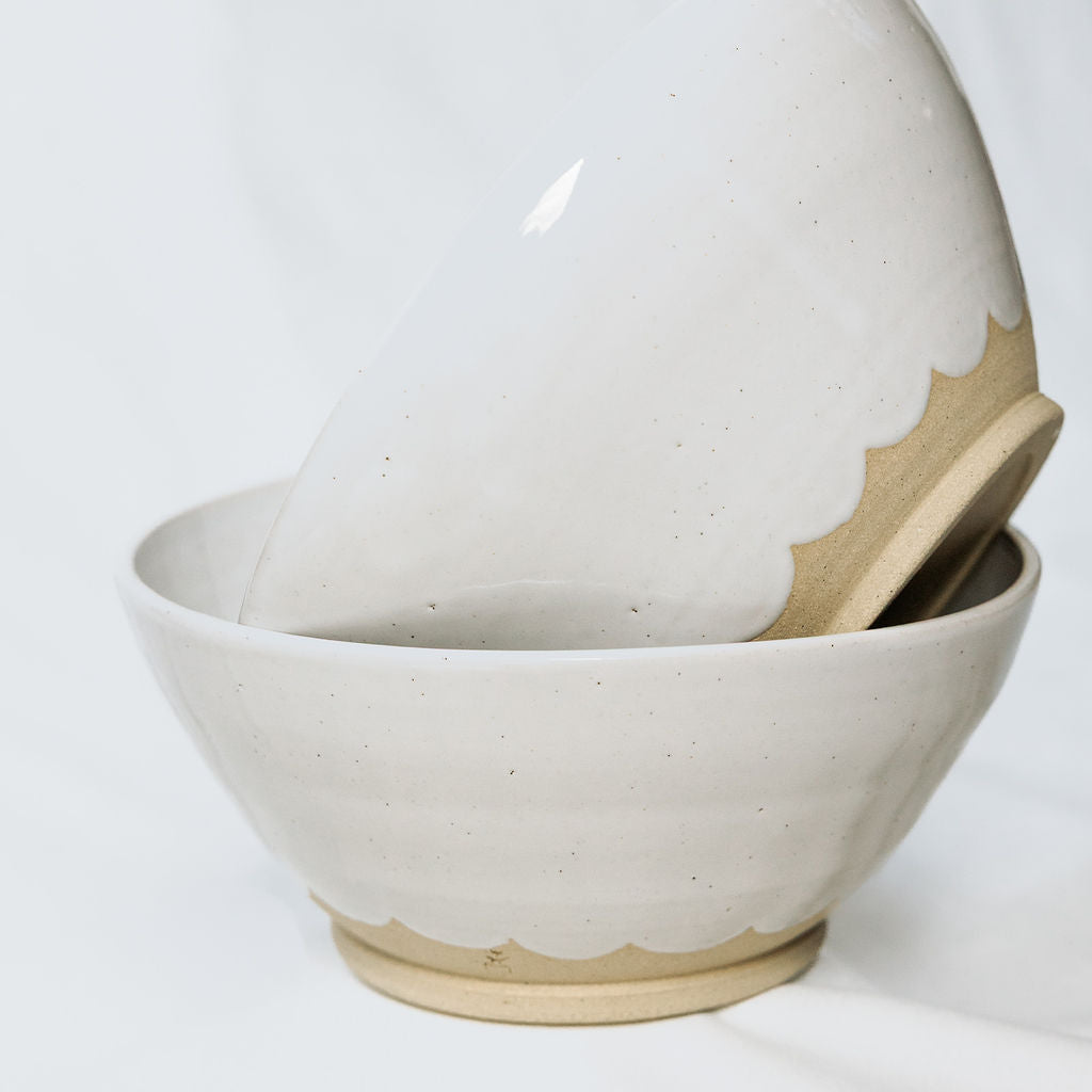 Handmade White Glossy Pottery Serving Bowl with Scalloped Detail | Large Ceramic Serving Bowl | Minimalist Farmhouse Pottery from Canada