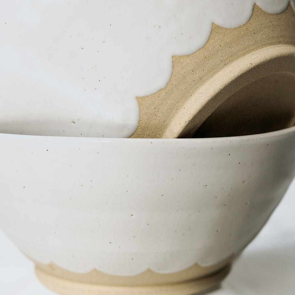 Handmade White Glossy Pottery Serving Bowl with Scalloped Detail | Large Ceramic Serving Bowl | Minimalist Farmhouse Pottery from Canada