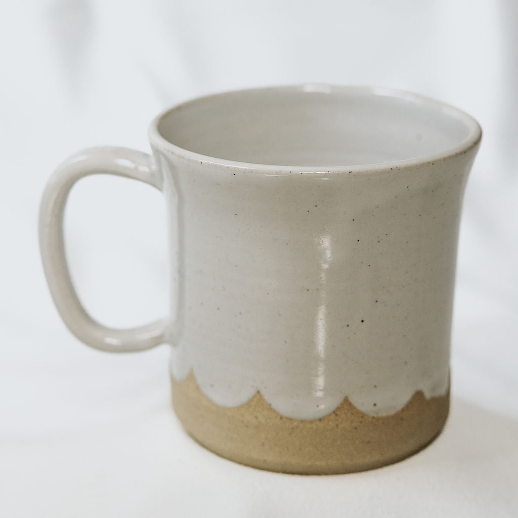 Handmade White Glossy Pottery Mug with Scalloped Detail & Floral Motif | Rustic Ceramic Coffee Cup for Mom | Handmade Mug from Manitoba, Canada