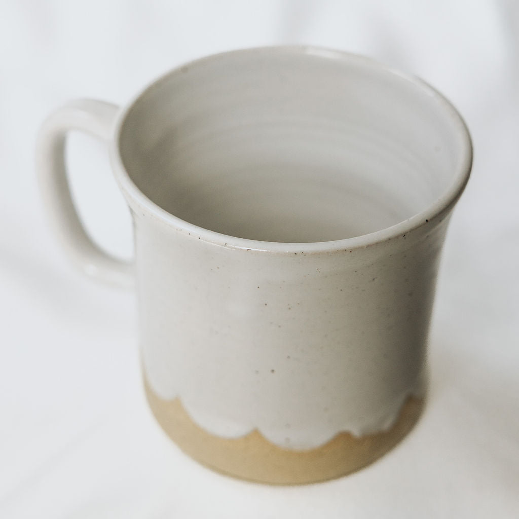 Handmade White Glossy Pottery Mug with Scalloped Detail & Floral Motif | Rustic Ceramic Coffee Cup for Mom | Handmade Mug from Manitoba, Canada