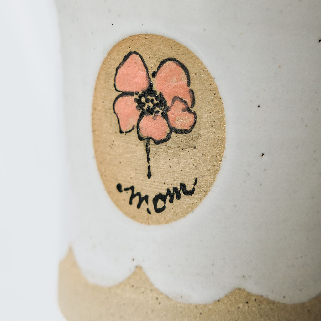 Handmade White Glossy Pottery Mug with Scalloped Detail & Floral Motif | Rustic Ceramic Coffee Cup for Mom | Handmade Mug from Manitoba, Canada