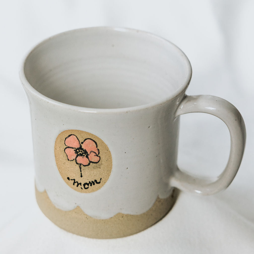 Handmade White Glossy Pottery Mug with Scalloped Detail & Floral Motif | Rustic Ceramic Coffee Cup for Mom | Handmade Mug from Manitoba, Canada
