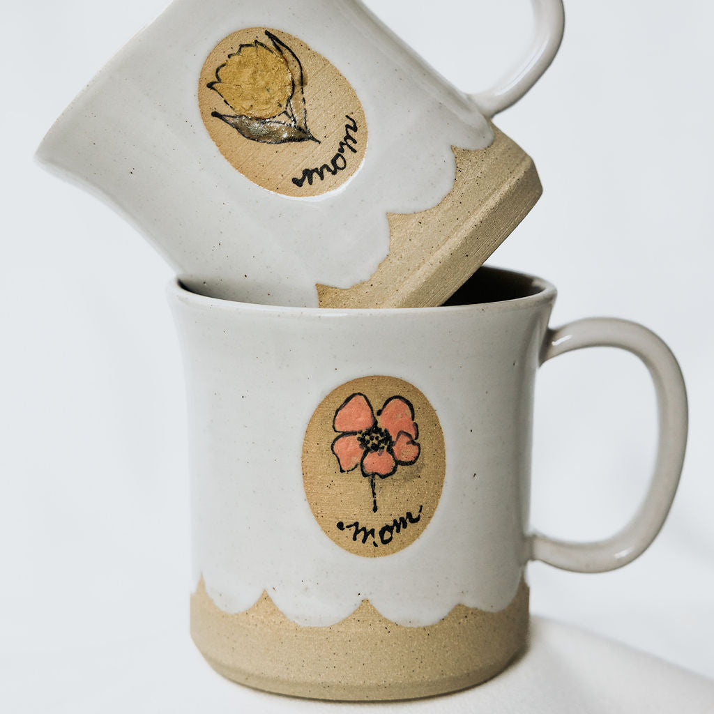Handmade White Glossy Pottery Mug with Scalloped Detail & Floral Motif | Rustic Ceramic Coffee Cup for Mom | Handmade Mug from Manitoba, Canada