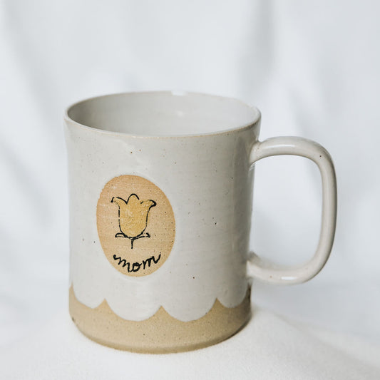 Handmade White Glossy Pottery Mug with Scalloped Detail & Floral Motif | Rustic Ceramic Coffee Cup for Mom | Handmade Mug from Manitoba, Canada