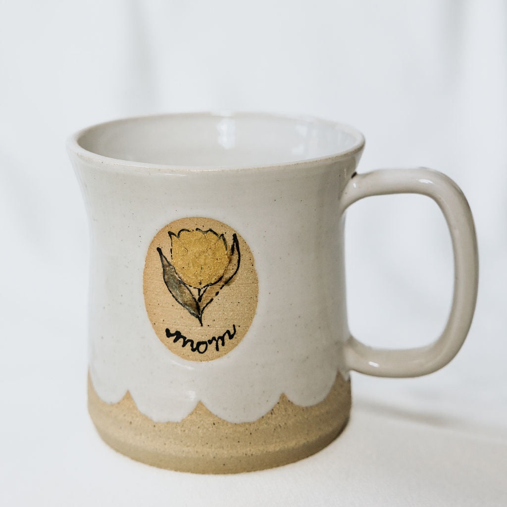 Handmade White Glossy Pottery Mug with Scalloped Detail & Floral Motif | Rustic Ceramic Coffee Cup for Mom | Handmade Mug from Manitoba, Canada