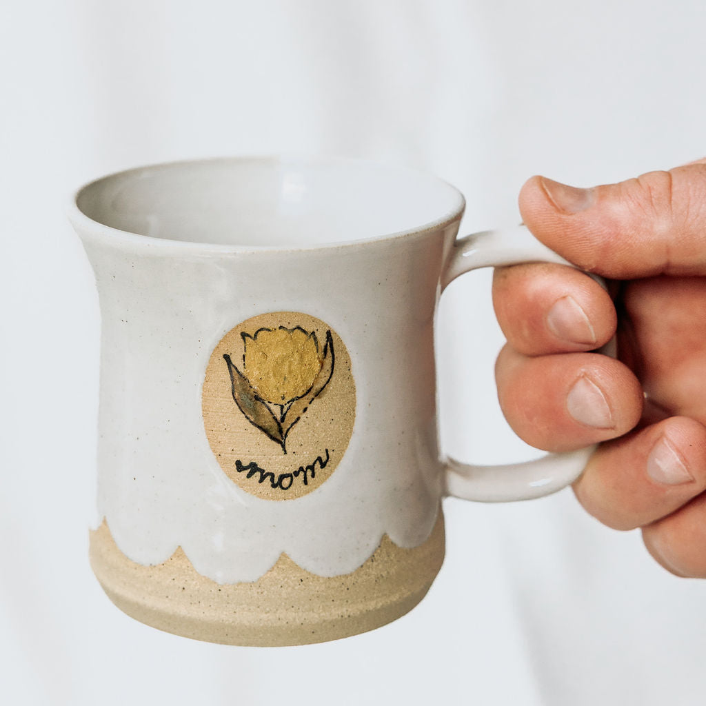Handmade White Glossy Pottery Mug with Scalloped Detail & Floral Motif | Rustic Ceramic Coffee Cup for Mom | Handmade Mug from Manitoba, Canada