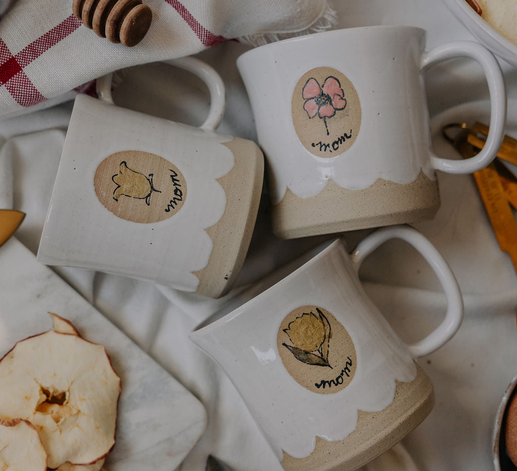 Handmade White Glossy Pottery Mug with Scalloped Detail & Floral Motif | Rustic Ceramic Coffee Cup for Mom | Handmade Mug from Manitoba, Canada