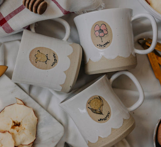 Handmade White Glossy Pottery Mug with Scalloped Detail & Floral Motif | Rustic Ceramic Coffee Cup for Mom | Handmade Mug from Manitoba, Canada