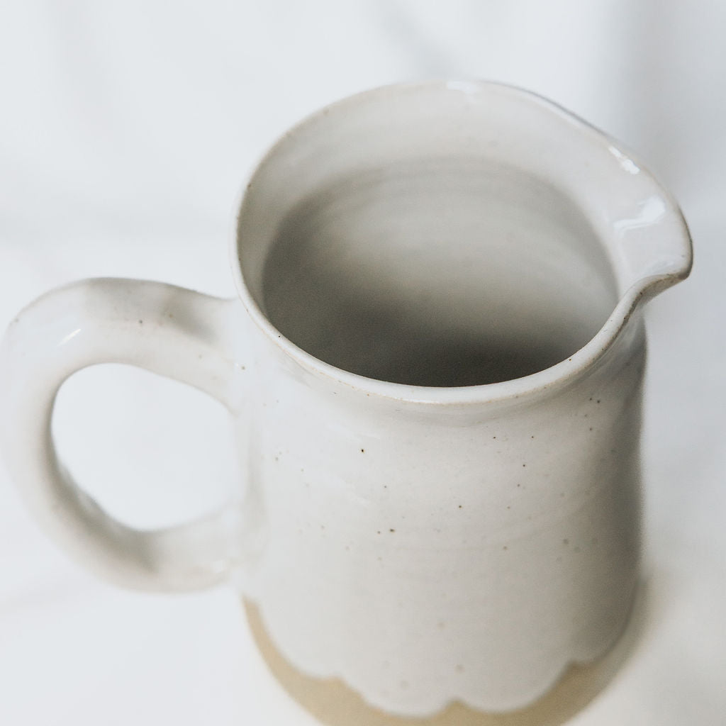 Medium Size Handmade Pottery Pitchers for Cream or Syrup in Glossy White with Scallops