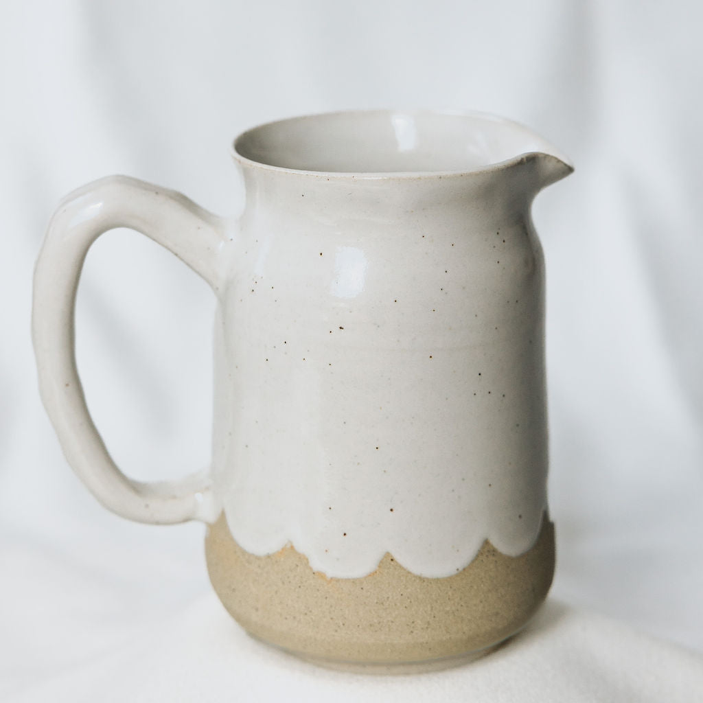 Medium Size Handmade Pottery Pitchers for Cream or Syrup in Glossy White with Scallops