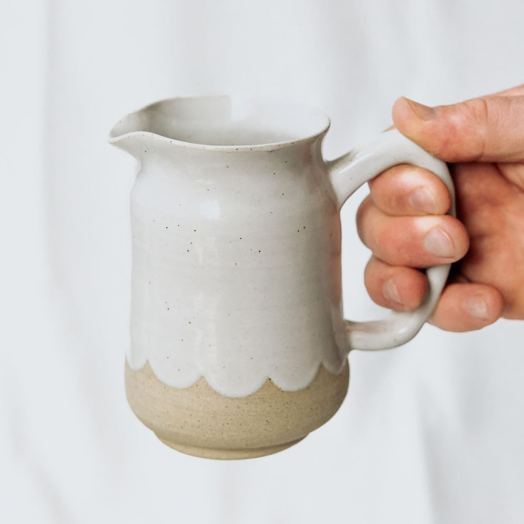 Medium Size Handmade Pottery Pitchers for Cream or Syrup in Glossy White with Scallops