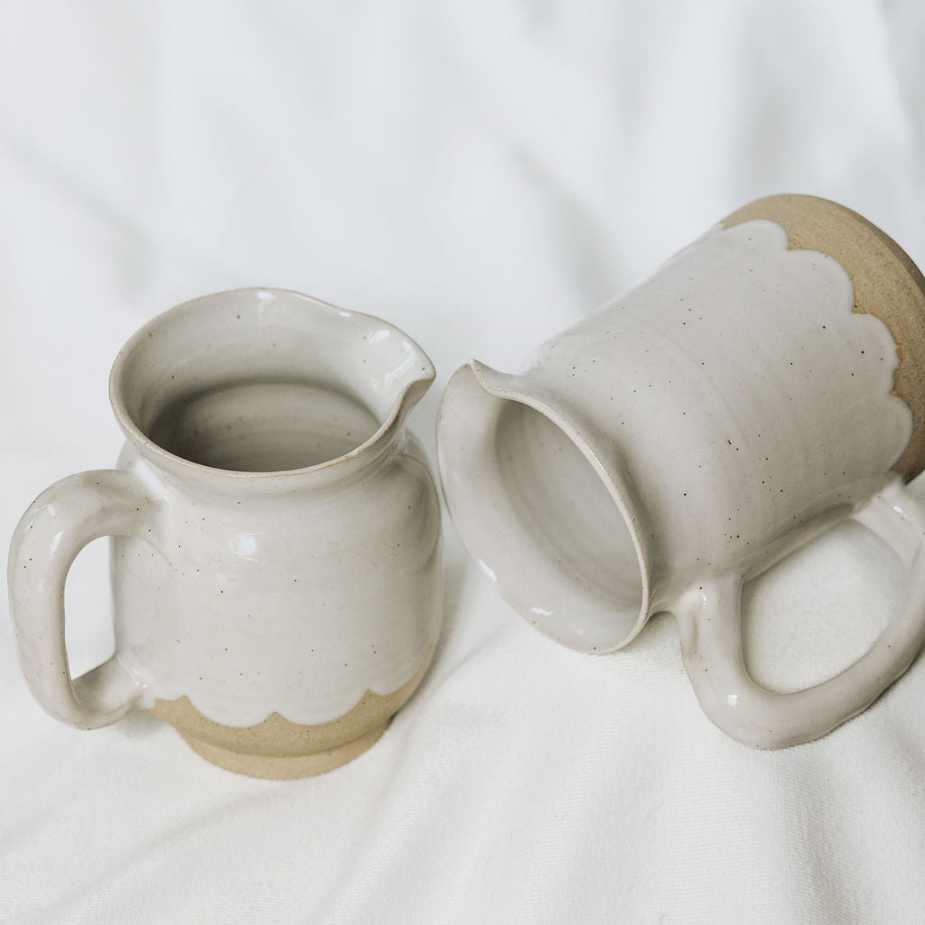 Medium Size Handmade Pottery Pitchers for Cream or Syrup in Glossy White with Scallops