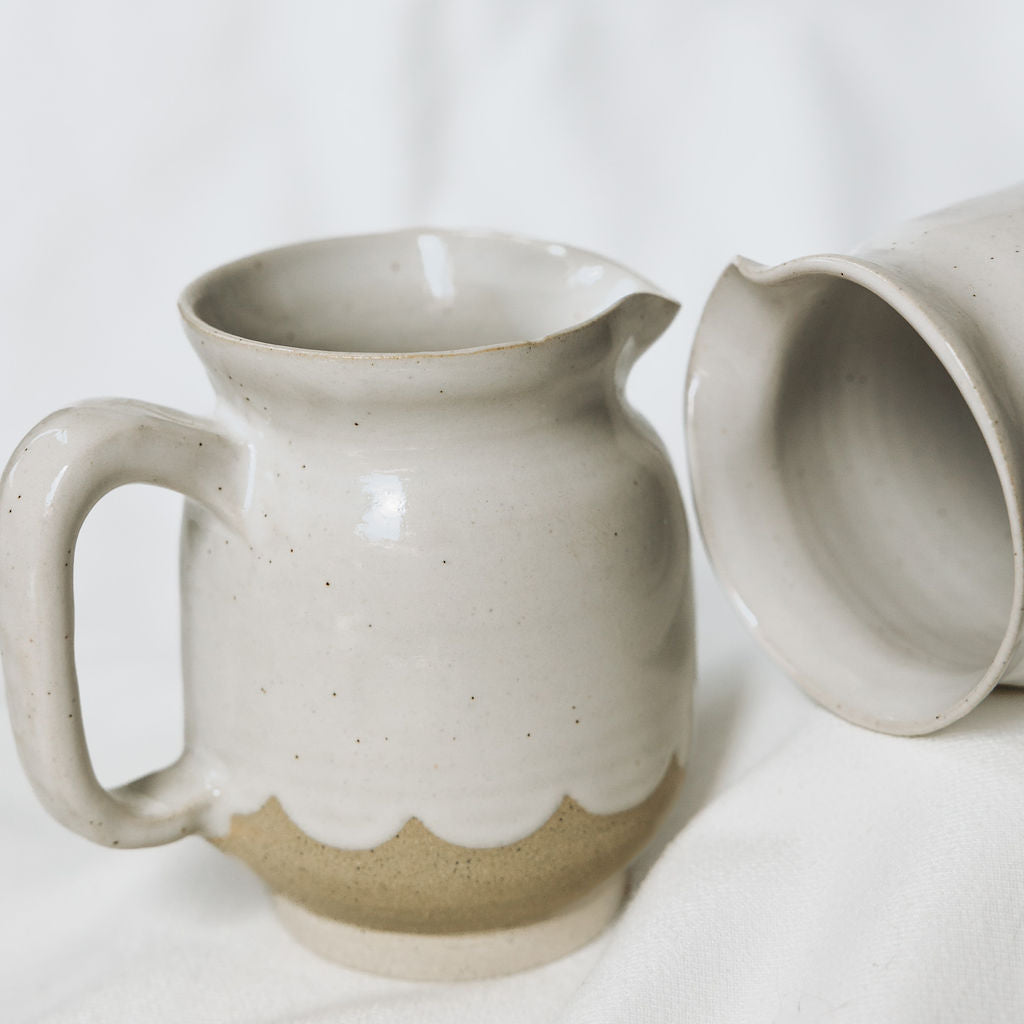 Medium Size Handmade Pottery Pitchers for Cream or Syrup in Glossy White with Scallops