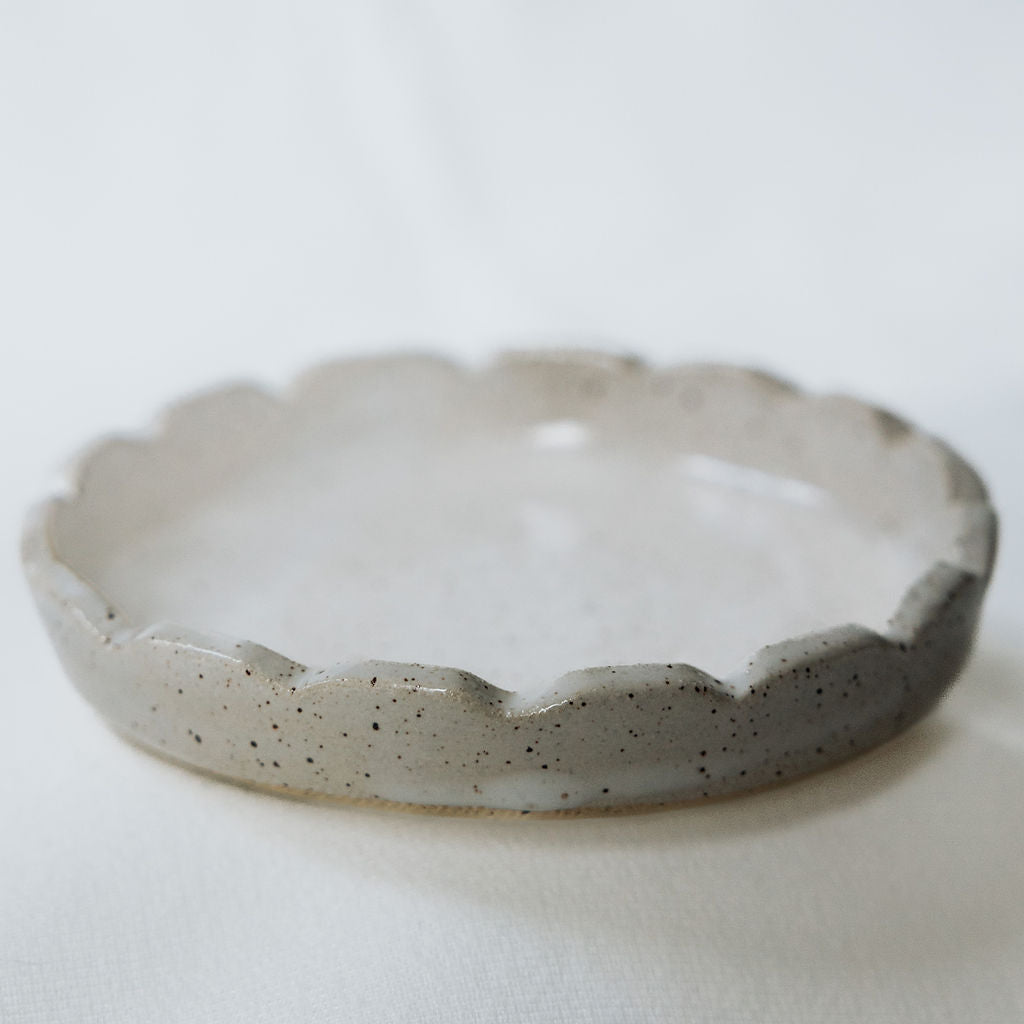 Handmade White Glossy Pottery Ring Dish with Scalloped Edge | Ceramic Trinket Dish | Minimalist Jewelry Holder Handmade in Canada