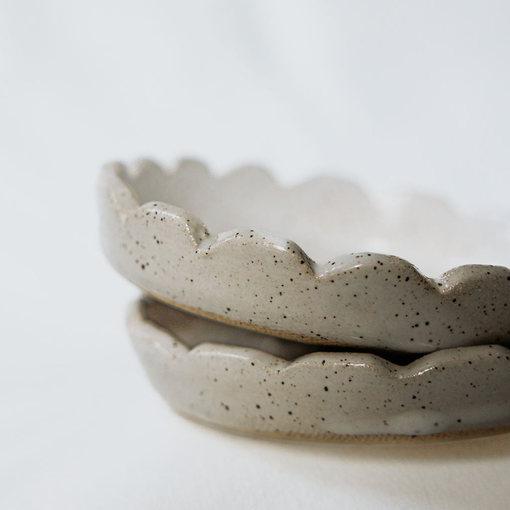 Handmade White Glossy Pottery Ring Dish with Scalloped Edge | Ceramic Trinket Dish | Minimalist Jewelry Holder Handmade in Canada