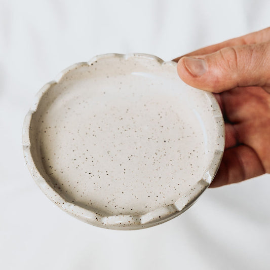 Handmade White Glossy Pottery Ring Dish with Scalloped Edge | Ceramic Trinket Dish | Minimalist Jewelry Holder Handmade in Canada