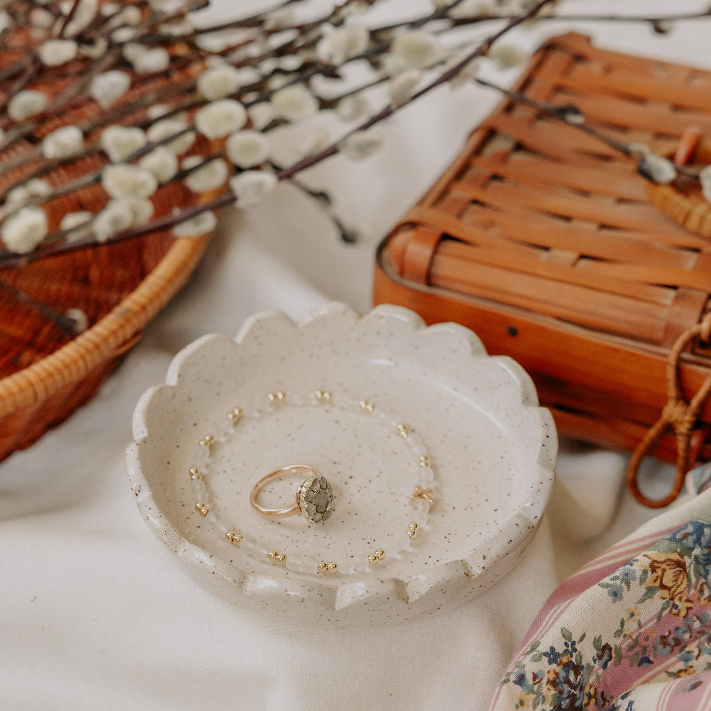 Handmade White Glossy Pottery Ring Dish with Scalloped Edge | Ceramic Trinket Dish | Minimalist Jewelry Holder Handmade in Canada