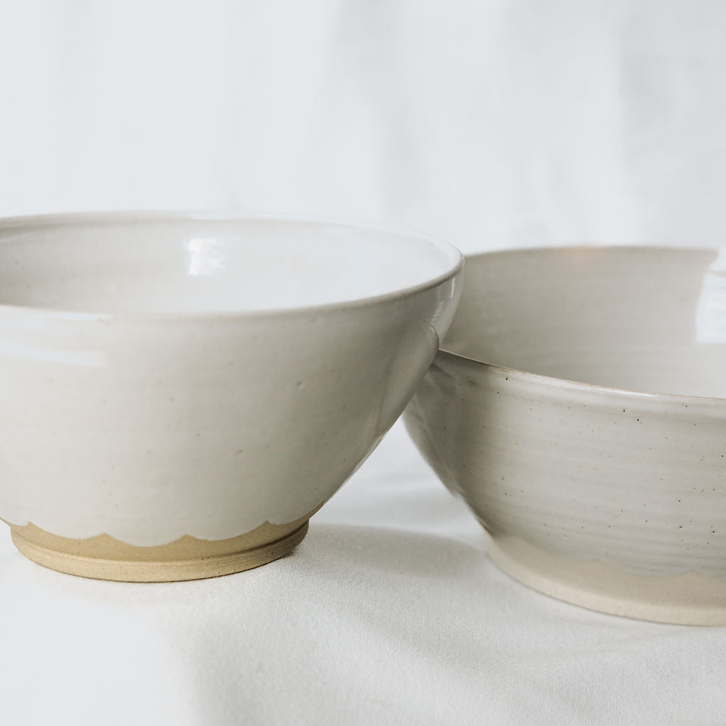 Handmade White Glossy Pottery Serving Bowl with Scalloped Detail | Large Ceramic Serving Bowl | Minimalist Farmhouse Pottery from Canada