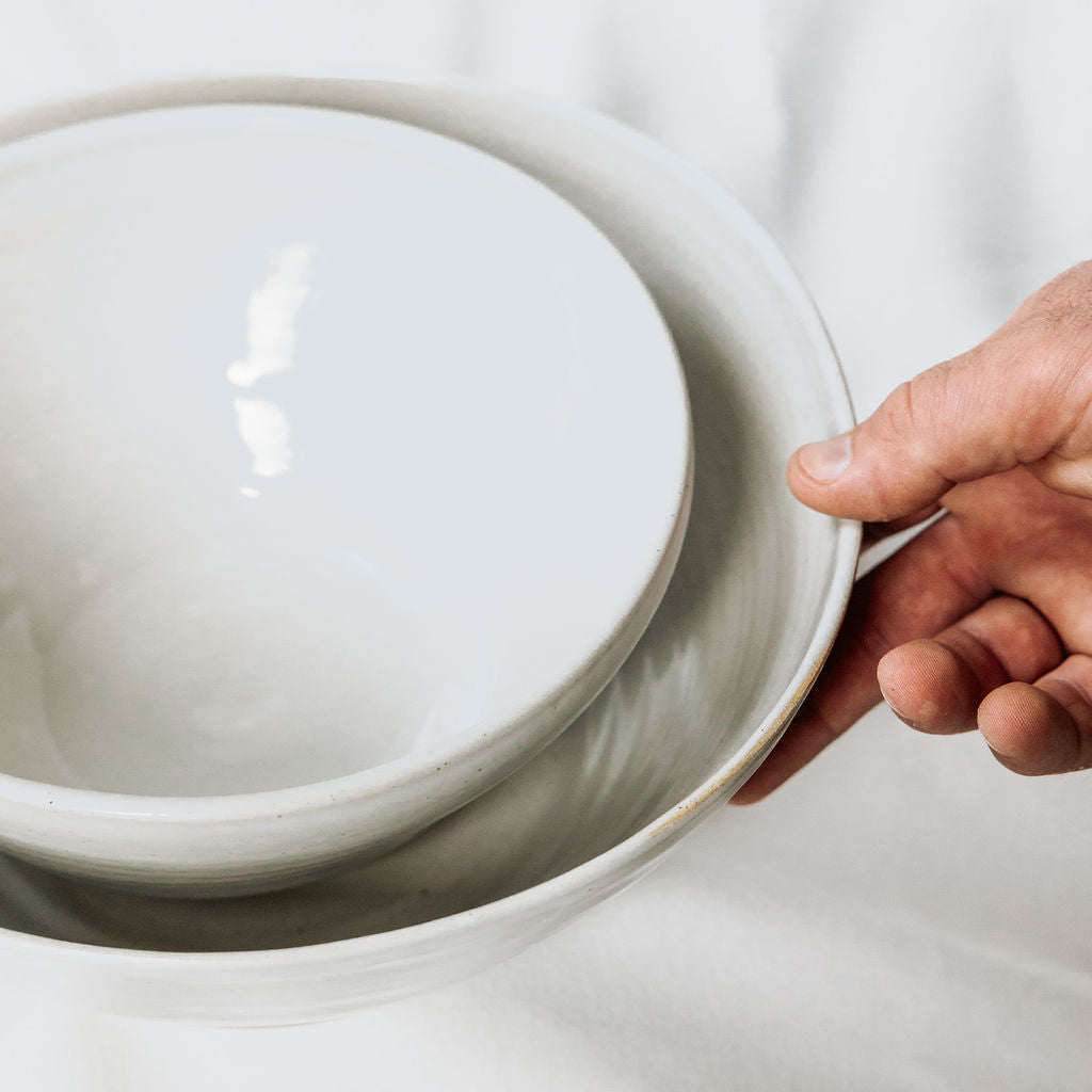 Handmade White Glossy Pottery Serving Bowl with Scalloped Detail | Large Ceramic Serving Bowl | Minimalist Farmhouse Pottery from Canada