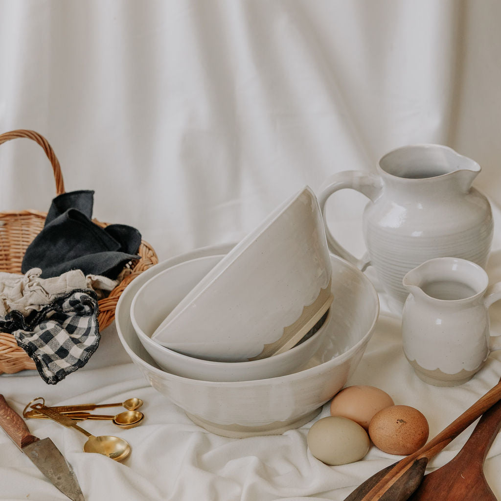 Handmade White Glossy Pottery Serving Bowl with Scalloped Detail | Large Ceramic Serving Bowl | Minimalist Farmhouse Pottery from Canada