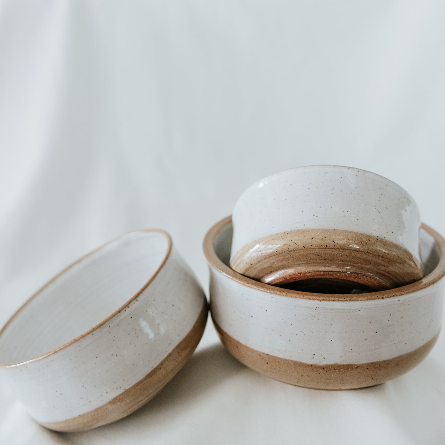 Basic White and Brown Pottery Serving Bowl/ Nesting Bowl