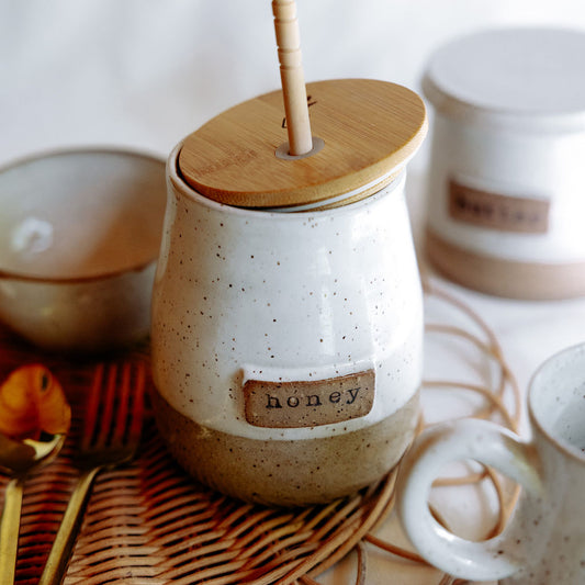 Pottery Honey Pot with Honey Dipper and Lid Included- Discontinued