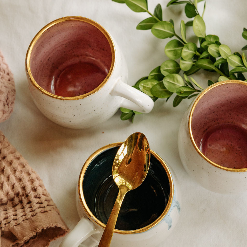 Pink and White Pottery Coffee Mug with Gold Rim